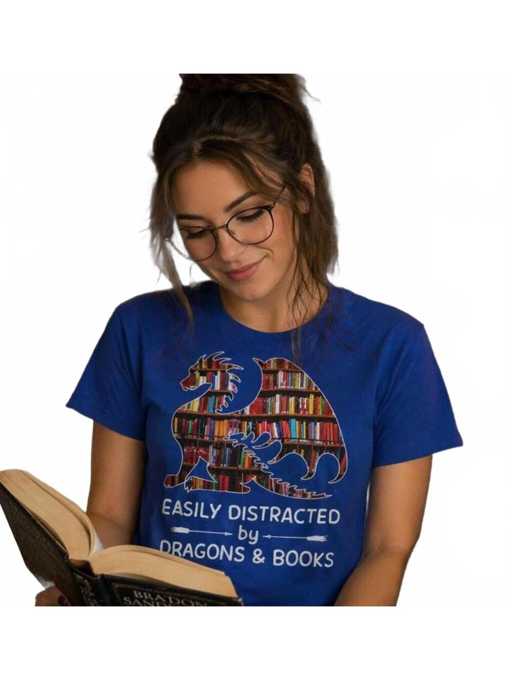 "Easily Distracted by Dragons & Books" T Shirt Adult XL Blue